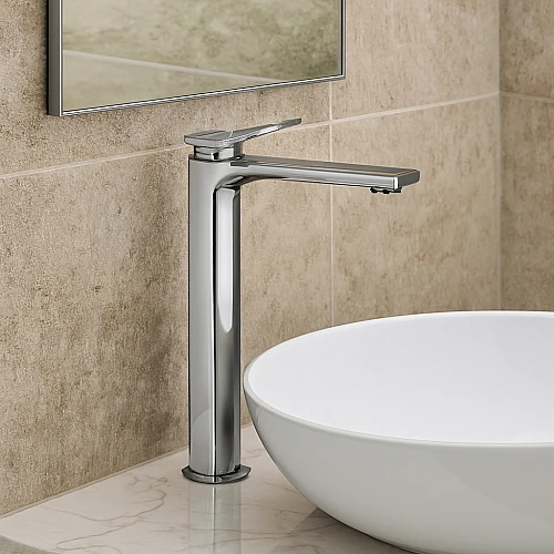 خلاط مغسلة طويل مربع بفتحه في المقبض كروم مع ليات