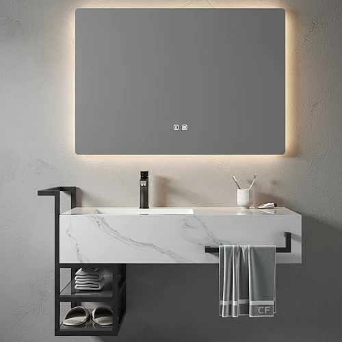 مغسلة رخام برفوف - ابيض عروق رمادي مع مراية ليد قطعتين مقاس 120*50 سم (تُضاف رسوم الأوزان الثقيلة)