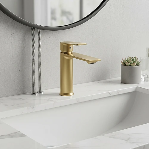 خلاط مغسلة قصير ذهبي مطفي مع ليات