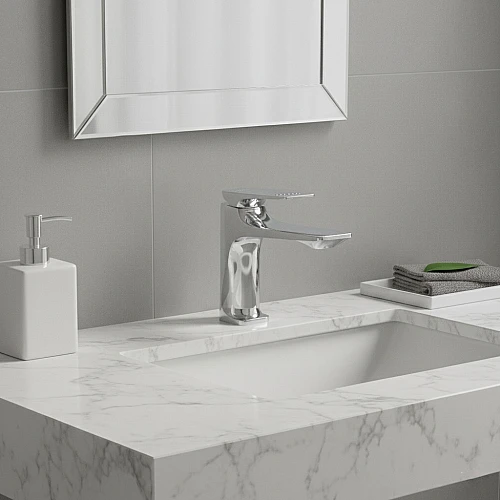 خلاط مغسلة قصير مربع بديكور معين على المقبض كروم مع ليات