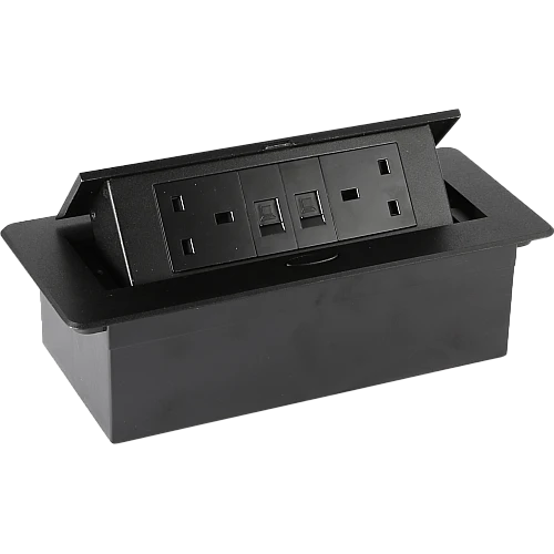 مقبس مكتبي مخفي بقدرة عالية واتصال شبكي مزدوج ارضي مع فيش ثنائي و منفذ كمبيوتر ثنائي اسود توفل