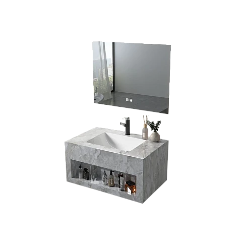 مغسلة رخام صندوق رمادي حجري مع مراية ليد قطعين مقاس 80*50 سم (تُضاف رسوم الأوزان الثقيلة)