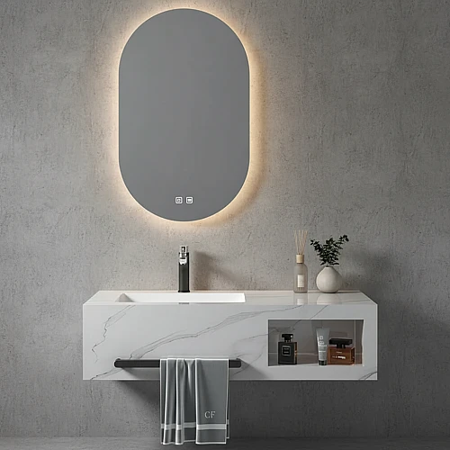 مغسلة رخام برف - ابيض عروق رمادي مع مراية ليد قطعتين مقاس 100*50 سم (تُضاف رسوم الأوزان الثقيلة)