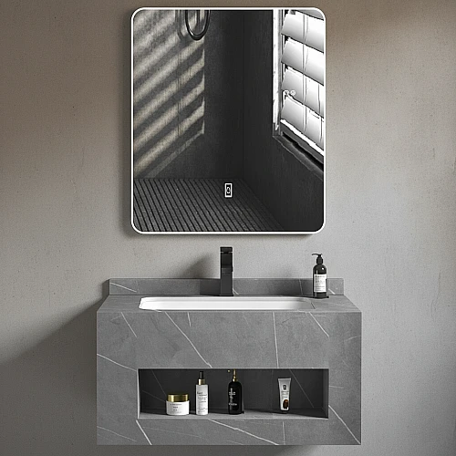 مغسلة رخام صندوق رمادي فاتح مع مراية ليد قطعتين مقاس 60*50 سم (تُضاف رسوم الأوزان الثقيلة)