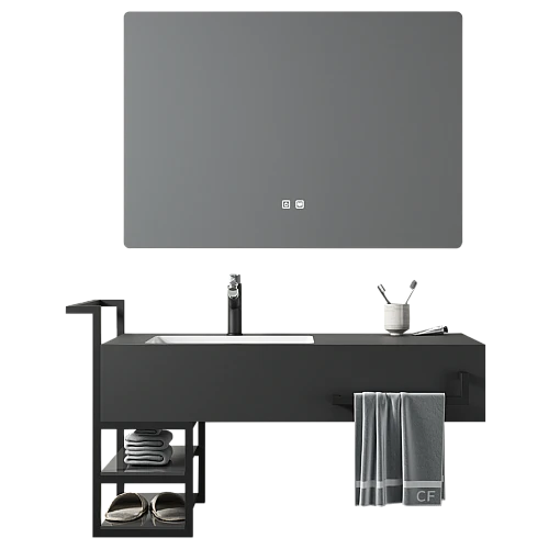 مغسلة سيراميك برفوف المنيوم - اسود مطفي مع مراية ليد قطعتين مقاس 100*50 سم