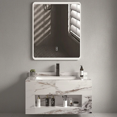 مغسلة رخام صندوق ابيض عروق رمادي بني مع مراية ليد قطعتين مقاس 60*50 سم (تُضاف رسوم الأوزان الثقيلة)