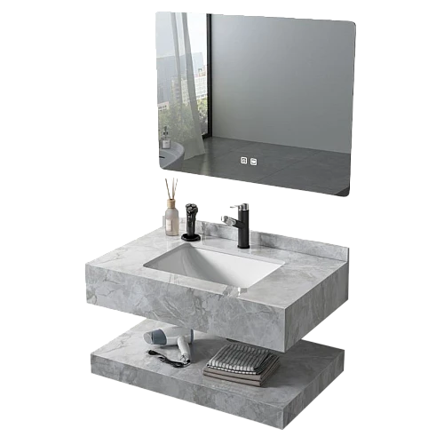  منتج مغسلة سيراميك دروين رمادي حجري مع مراية ليد 3 قطع مقاس 60*50 سم (تُضاف رسوم الأوزان الثقيلة)-TU/C4006/60*50/M406