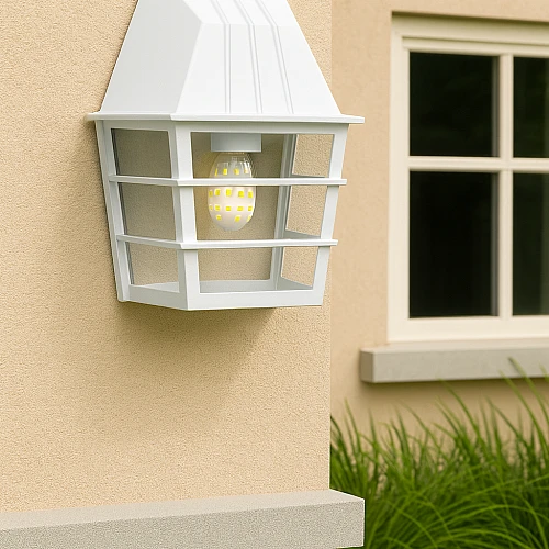 مصباح جداري خارجي لطش كوخ ابيض زجاج شفاف مفرد قاعدة E27