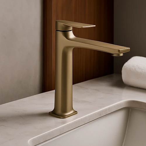 خلاط مغسلة طويل مربع بديكور معين على المقبض ذهبي مطفي مع ليات