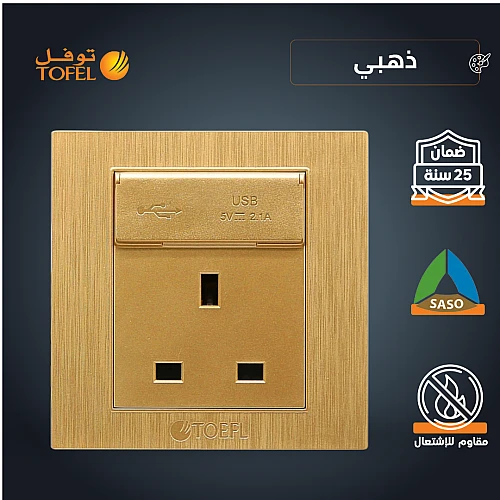 فيش ثلاثي مع منفذ يو اس بي USB لون ذهبي هادئ توفل
