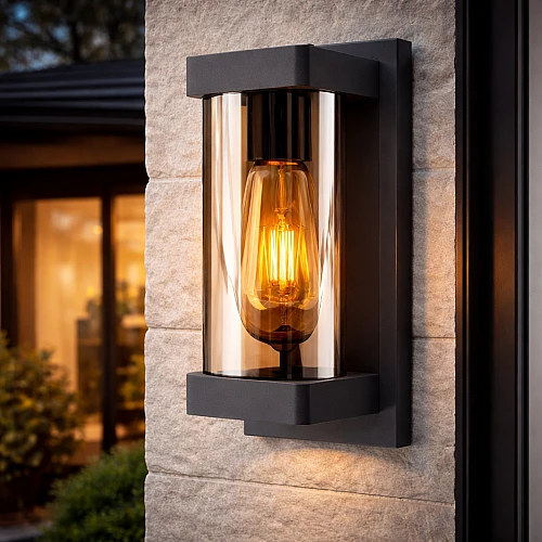 فانوس جداري خارجي مربع اسود زجاج عسلي E27