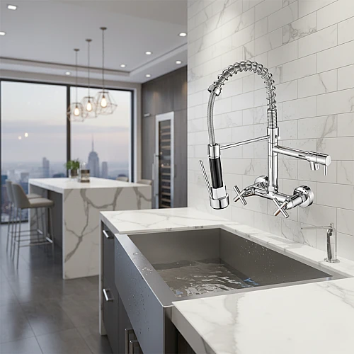  صورة منتج خلاط مطبخ جداري كروم بمخرجين وصباب متحرك وهوز سحاب فضي