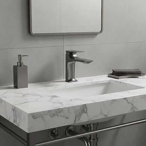 خلاط مغسلة قصير مربع بديكور معين على المقبض رمادي مع ليات