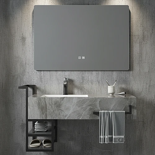 مغسلة رخام برفوف المنيوم - رمادي حجري مع مراية ليد قطعتين مقاس 120*50 سم (تُضاف رسوم الأوزان الثقيلة)