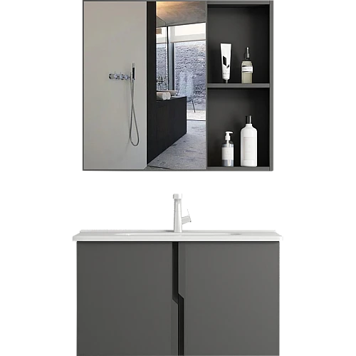 مغسلة فايبر مع صيدلية المنيوم اسود قطعتين مقاس 80 سم