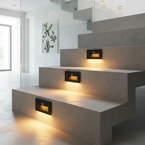 كشاف درج مستطيل اسود دفن يعمل بالحساس حركة يستخدم لإنارة الدرجات بشكل تلقائي عند مرور الأشخاص لون الانارة اصفر 3 واط