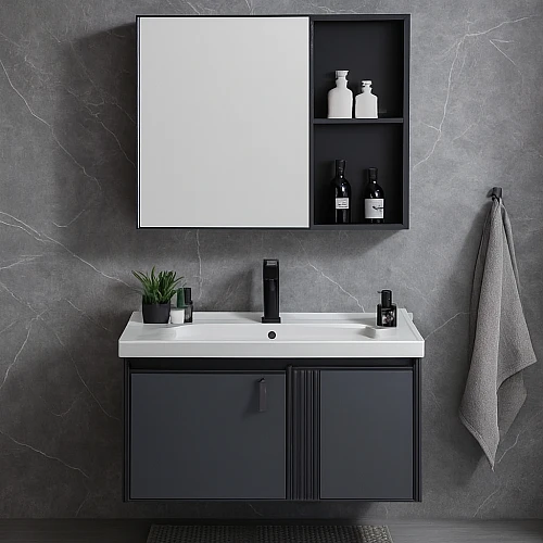 مغسلة مع صيدلية المنيوم اسود مع رمادي قطعتين مقاس 60 سم (تُضاف رسوم الأوزان الثقيلة)