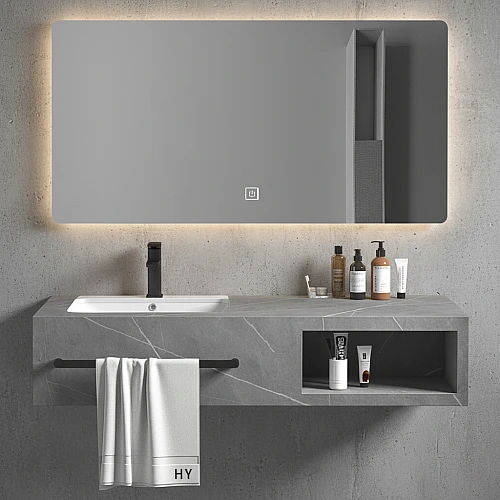 مغسلة رخام برف المنيوم - رمادي فاتح مع مراية ليد قطعتين مقاس 100*50 سم (تُضاف رسوم الأوزان الثقيلة)