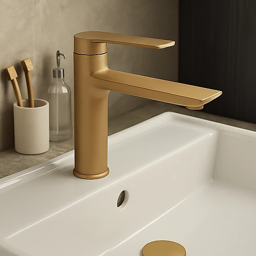 خلاط مغسلة قصير ذهبي مطفي مع ليات
