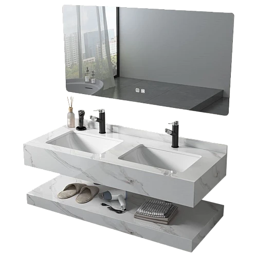 مغسلة سيراميك دورين 50*150سم ابيض عروق رمادي مراية ليد 3 قطع (هذا المنتج متاح داخل مدينة جدة فقط)