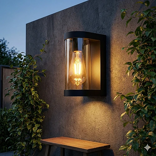 فانوس جداري اسود زجاج شفاف E27