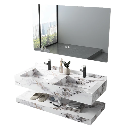 مغسلة سيراميك حوضين شلال دروين 50*120 ابيض عروق رمادي بني مراية 3 قطع (هذا المنتج متاح في جدة و الرياض فقط)