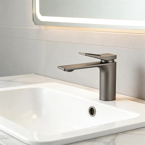 خلاط مغسلة قصير مربع بفتحه في المقبض رمادي مع ليات