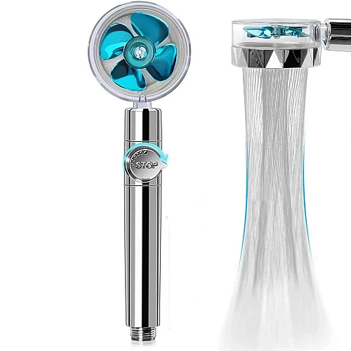 رأس دش توربيني فضي مع مروحة زرقاء لزيادة ضغط المياه