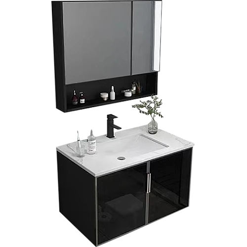 طقم مغسلة 800 مم عريض وصيدلية 700 مم زجاج أسود