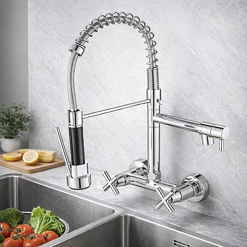 خلاط مطبخ (مجلى) جداري كروم بمخرجين (صباب متحرك + هوز سحاب) و 3 مفاتيح تحكم