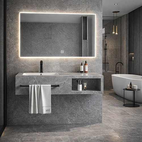 مغسلة سيراميك علاقة مناشف المنيوم - رمادي حجري مع مراية ليد قطعتين مقاس 100*50 سم