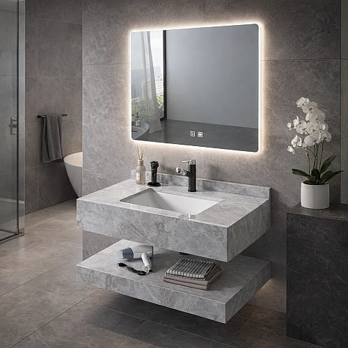 مغسلة سيراميك دروين رمادي حجري مع مراية ليد 3 قطع مقاس 60*50 سم