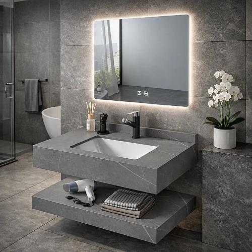 مغسلة سيراميك دورين رمادي فاتح مع مراية ليد 3 قطع مقاس 60*50 سم