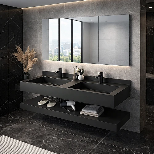 مغسلة سيراميك حوضين شلال دروين 50*120اسود مطفي مراية 3 قطع (هذا المنتج متاح في جدة و الرياض فقط)