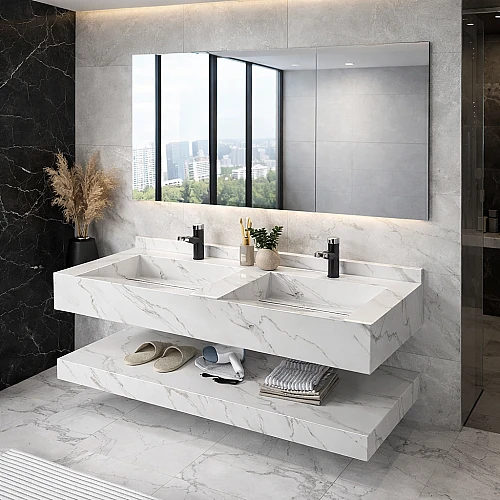 مغسلة سيراميك حوضين شلال دروين 50*120ابيض عروق رمادي مراية 3 قطع (هذا المنتج متاح في جدة و الرياض فقط)