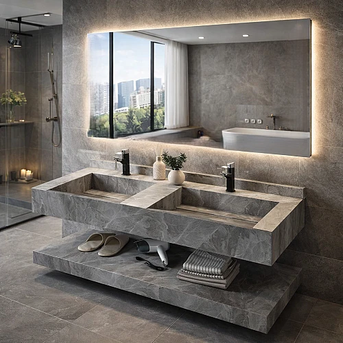 مغسلة سيراميك حوضين شلال دروين 50*120رمادي حجري مراية 3 قطع (هذا المنتج متاح في جدة و الرياض فقط)