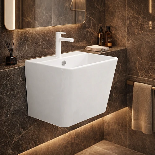 مغسلة سيراميك بيضاء معلقة بتصميم مربع - تيتو