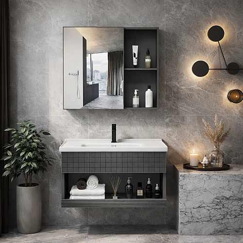 مغسلة المنيوم مع صيدليه اسود مع درج سحاب قطعتين مقاس 80 سم