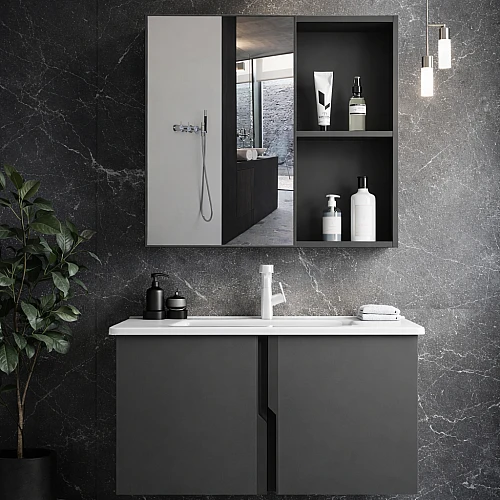 مغسلة فايبر مع صيدلية المنيوم اسود قطعتين مقاس 80 سم