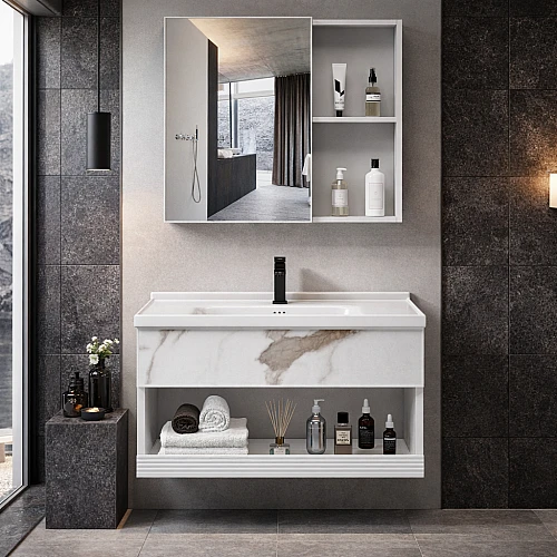 مغسلة المنيوم مع صيدليه بيض عروق بني رمادي قطعتين مقاس 60 سم