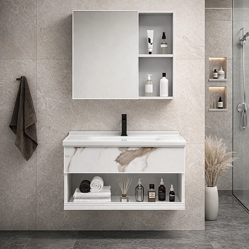 مغسلة المنيوم مع صيدليه بيض عروق بني رمادي قطعتين مقاس 80 سم