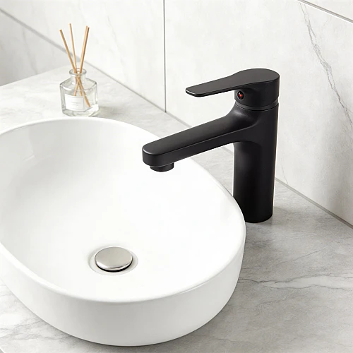 خلاط مغسلة قصير بيضاوي اسود مع ليات و هراب