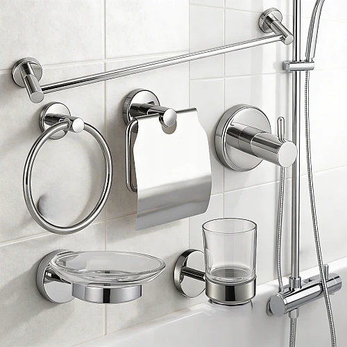 طقم إكسسوارات حمام دائري ستانلس ستيل 304 كروم - 6 قطع