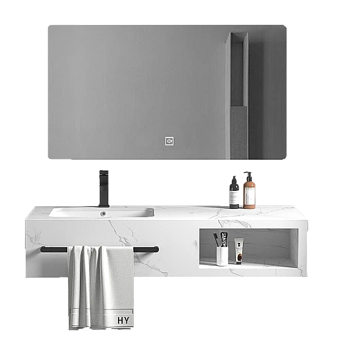 مغسلة سيراميك برف - ابيض عروق رمادي مع مراية ليد قطعتين مقاس 100*50 سم