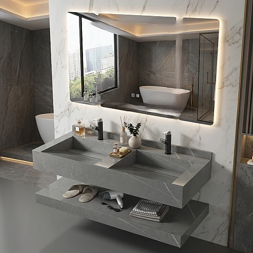 مغسلة سيراميك حوضين شلال دروين 50*120رمادي غامق مراية 3 قطع (هذا المنتج متاح في جدة و الرياض فقط)