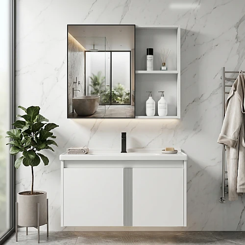 مغسلة فايبر مع صيدلية المنيوم ابيض قطعتين مقاس 60 سم