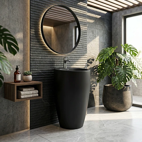 مغسلة سيراميك برميل ارضي دائري اسود مقاس 50*50سم