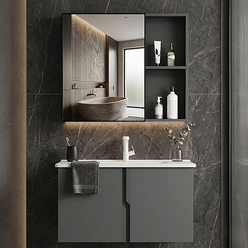 مغسلة فايبر مع صيدلية المنيوم اسود قطعتين مقاس 60 سم