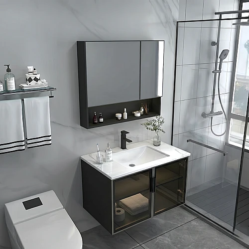 مغسلة المنيوم مع صيدلية زجاج اسود قطعتين مقاس 80 سم