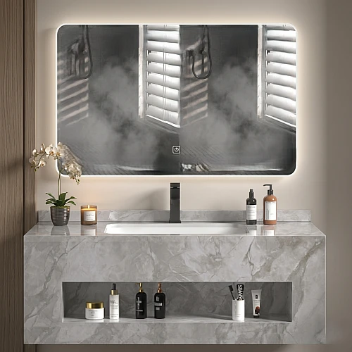 مغسلة سيراميك صندوق رمادي حجري مع مراية ليد قطعتين مقاس 100*50 سم